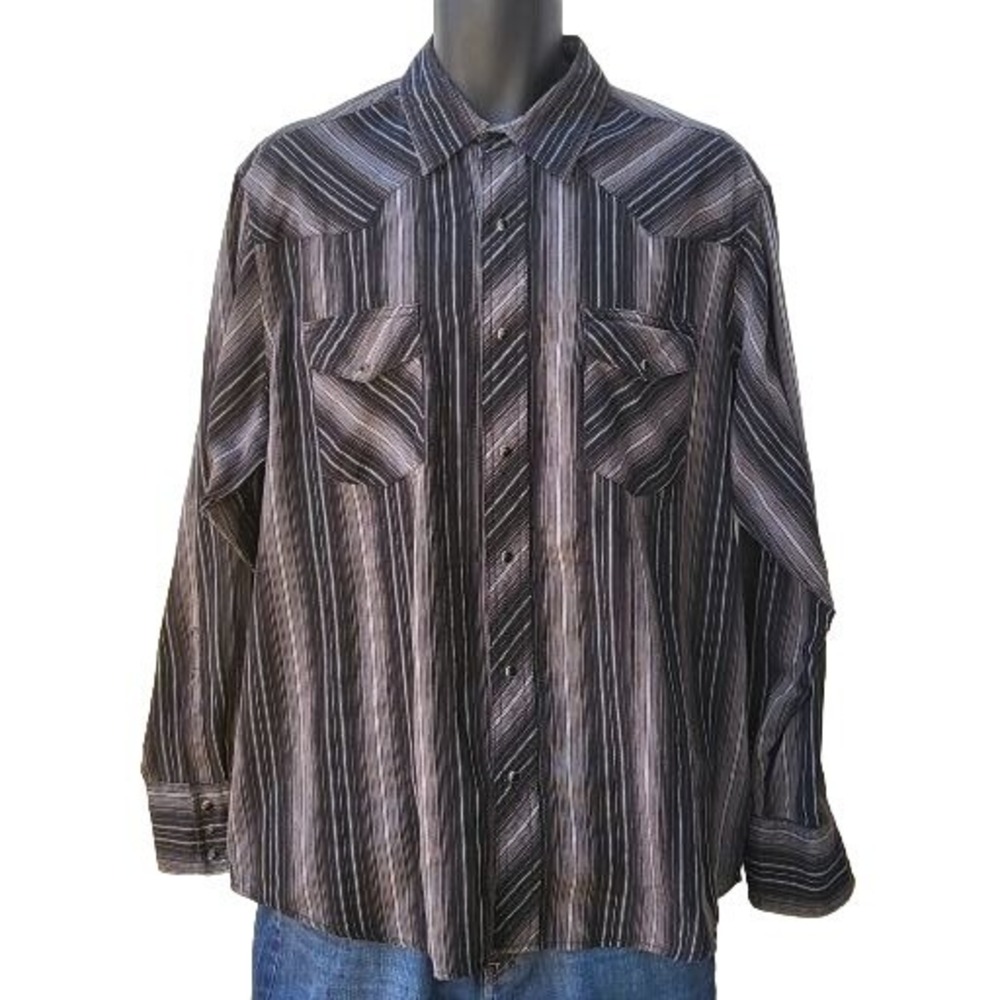 Vintage Wrangler Western Pearl Snap Shirt Men XL Black Gray Striped Long Sleeve
